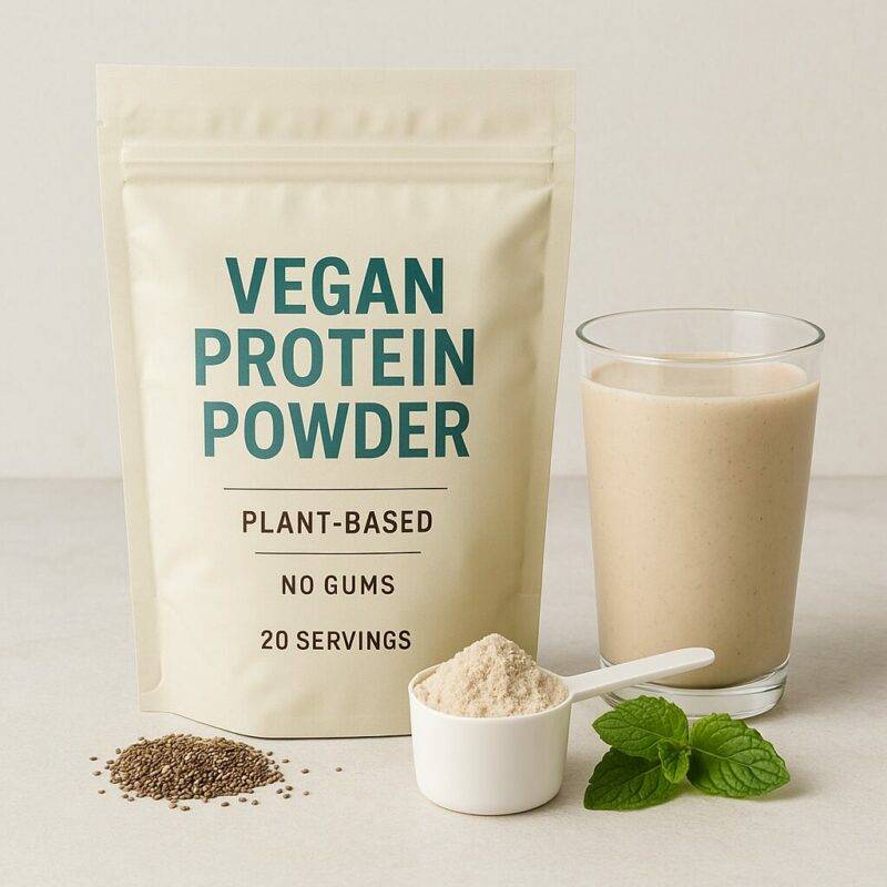 A resealable standing pouch labeled “Vegan Protein Powder – Plant-Based – No Gums – 20 Servings” sits next to a smoothie glass, chia seeds, a scoop of powder, and fresh mint on a neutral surface.