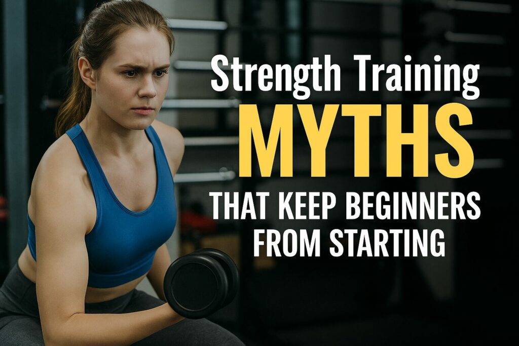 A split-scene photo showing a hesitant beginner surrounded by common gym myths on the left, and the same person confidently strength training at home on the right, using dumbbells and resistance bands, with bold text “Myth vs Reality” overlayed.
