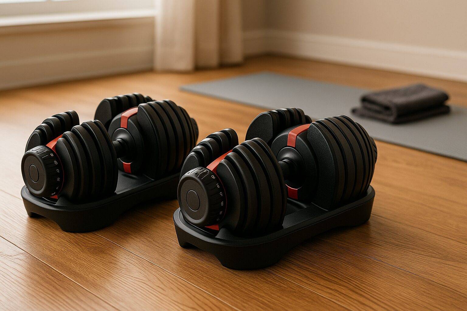 Bowflex SelectTech 552 adjustable dumbbells on hardwood floor next to yoga mat and towel in home gym setting.