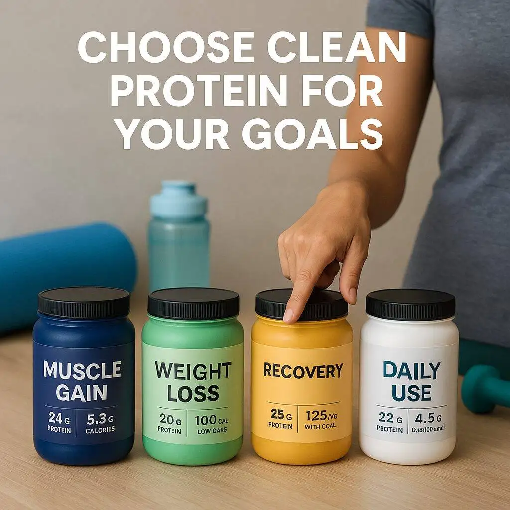 A person in athletic wear points to a yellow recovery protein container among four colorful jars labeled for different fitness goals—Muscle Gain, Weight Loss, Recovery, and Daily Use—each displaying specific protein and calorie values; set on a clean surface with a yoga mat and dumbbell in the background, reinforcing the theme of choosing clean protein for your goals.