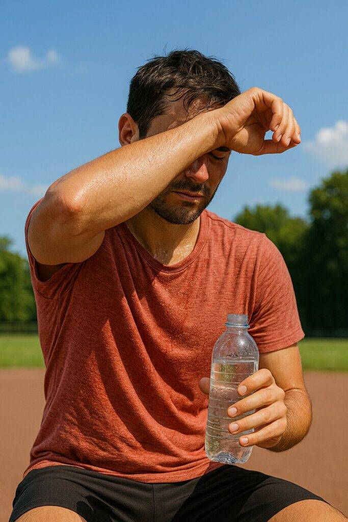 A fit young woman resting after a summer workout, holding a water bottle with visible sweat on her skin and a tired expression, illustrating early signs of dehydration during summer workouts.