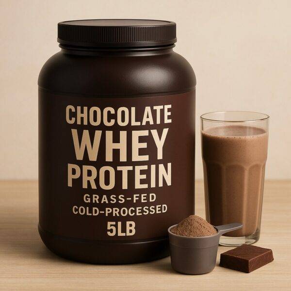 A large dark brown container labeled “Chocolate Whey Protein – Grass-Fed – Cold-Processed – 5LB” sits on a wooden surface beside a glass of chocolate shake, a scoop of powder, and a chocolate bar square.