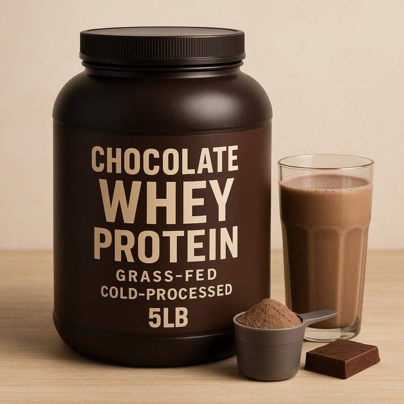 A large dark brown container labeled “Chocolate Whey Protein – Grass-Fed – Cold-Processed – 5LB” sits on a wooden surface beside a glass of chocolate shake, a scoop of powder, and a chocolate bar square.