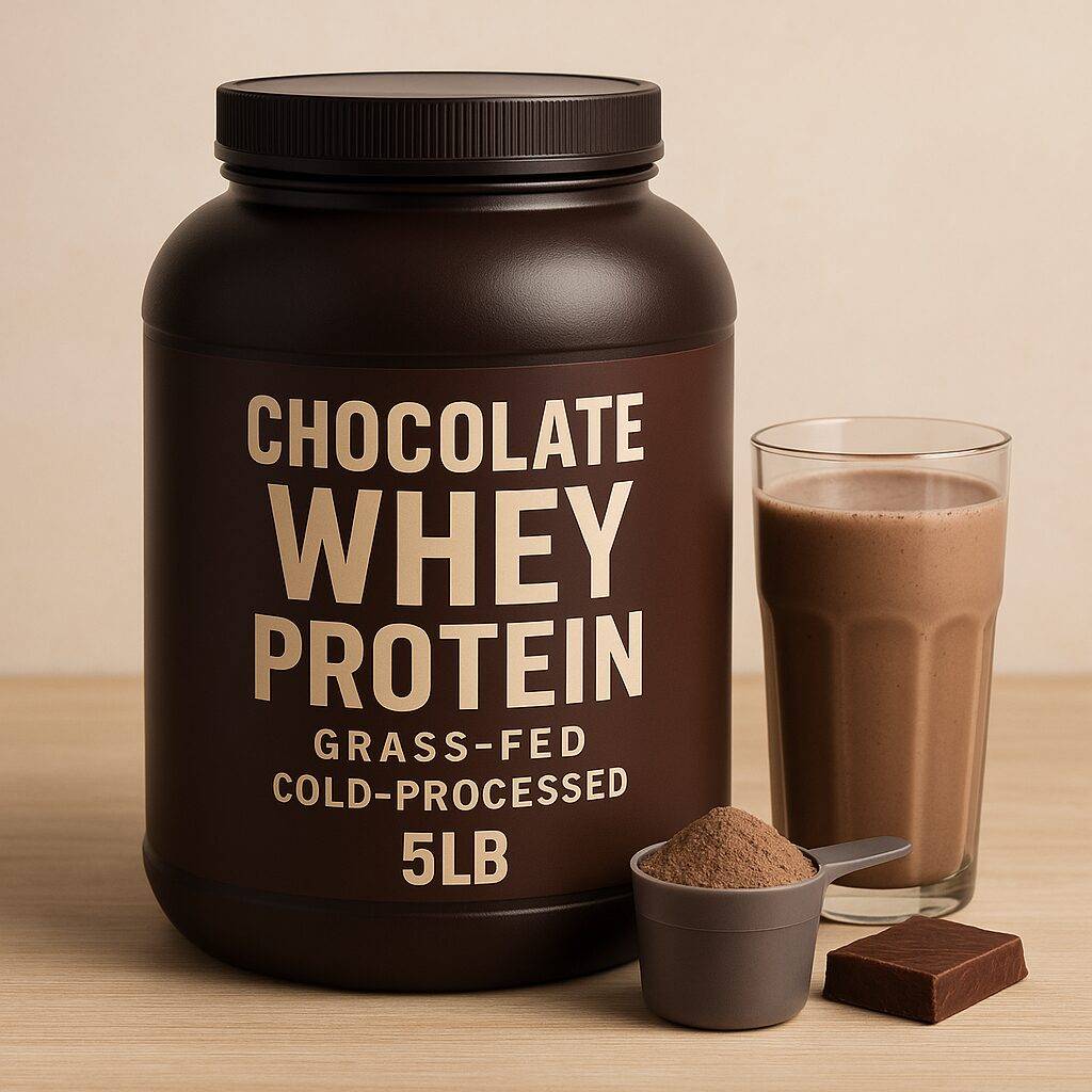 A large dark brown container labeled “Chocolate Whey Protein – Grass-Fed – Cold-Processed – 5LB” sits on a wooden surface beside a glass of chocolate shake, a scoop of powder, and a chocolate bar square.