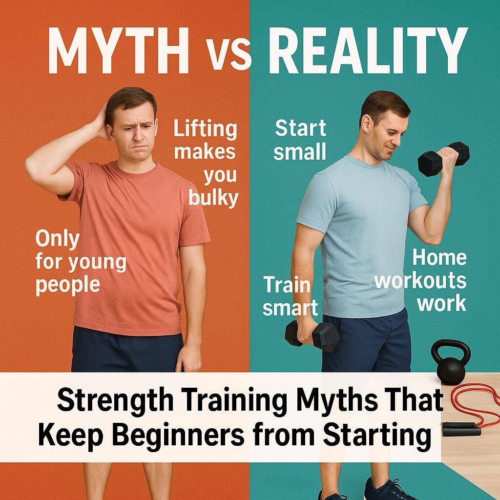 A square digital graphic labeled “MYTH vs REALITY” featuring strength training misconceptions on the left and beginner-friendly truths on the right, with icons of dumbbells, kettlebells, and home gym setups