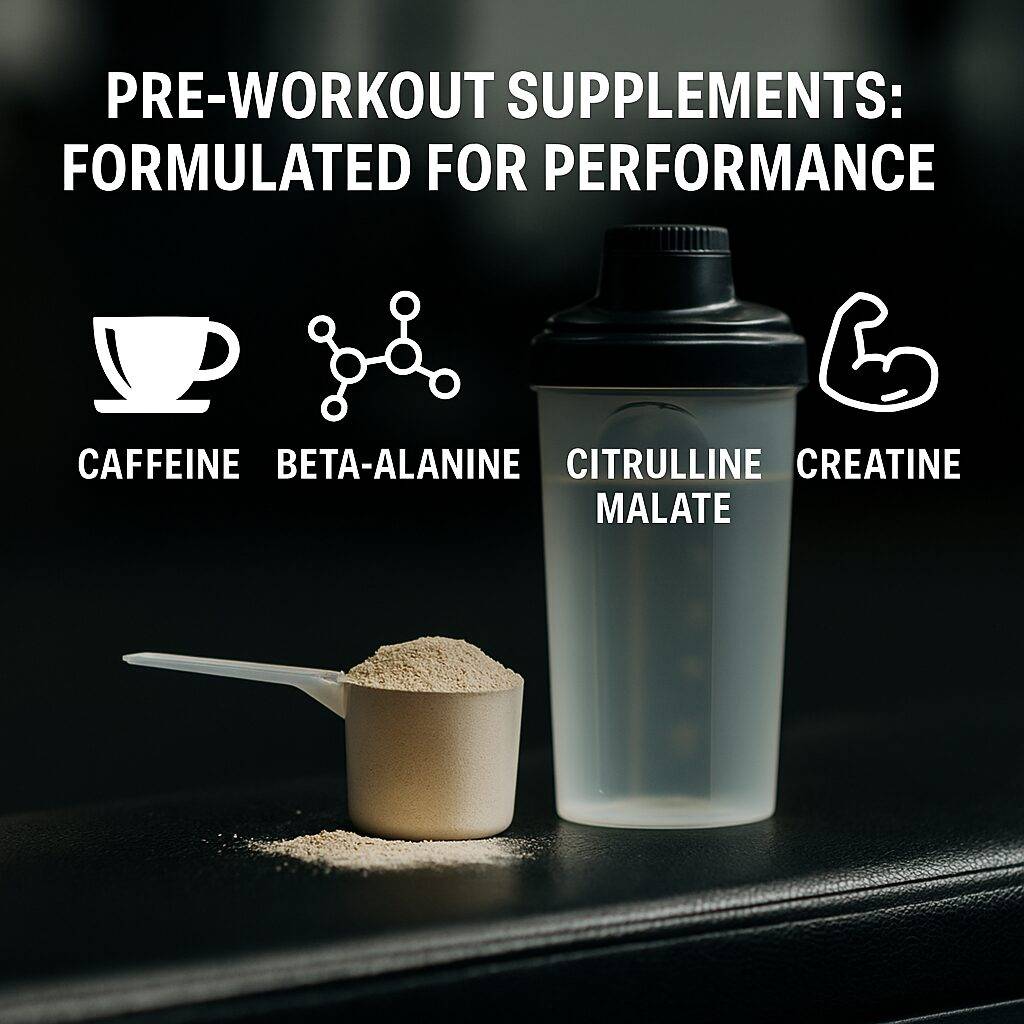 Realistic square image featuring pre-workout supplements on a gym surface, with icons illustrating energy-boosting ingredients like caffeine, beta-alanine, and citrulline malate.