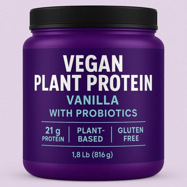 A square image featuring a purple container with a black lid labeled “Vegan Plant Protein – Vanilla – With Probiotics – 21g Protein – Plant-Based – Gluten-Free – 1.8 lb (816g)” against a soft pastel background.