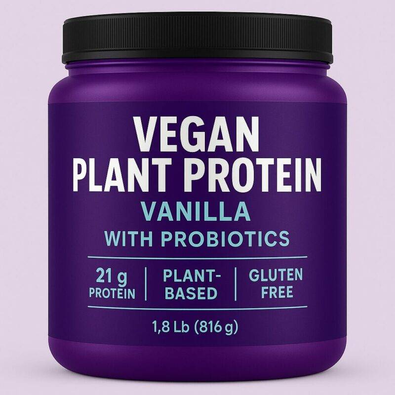 A square image featuring a purple container with a black lid labeled “Vegan Plant Protein – Vanilla – With Probiotics – 21g Protein – Plant-Based – Gluten-Free – 1.8 lb (816g)” against a soft pastel background.