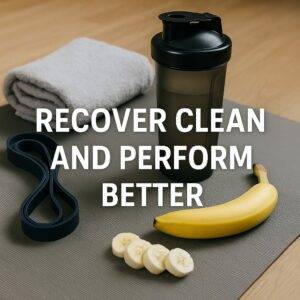 A black protein shaker, rolled towel, resistance band, and sliced banana rest on a gray workout mat atop a wooden floor, with the text “Recover Clean and Perform Better” overlaid.