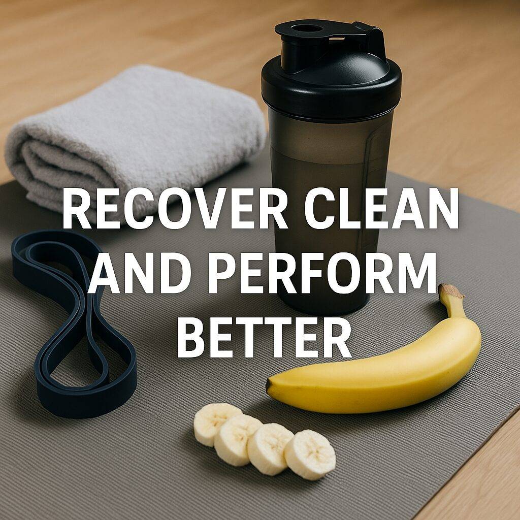 A black protein shaker, rolled towel, resistance band, and sliced banana rest on a gray workout mat atop a wooden floor, with the text “Recover Clean and Perform Better” overlaid.