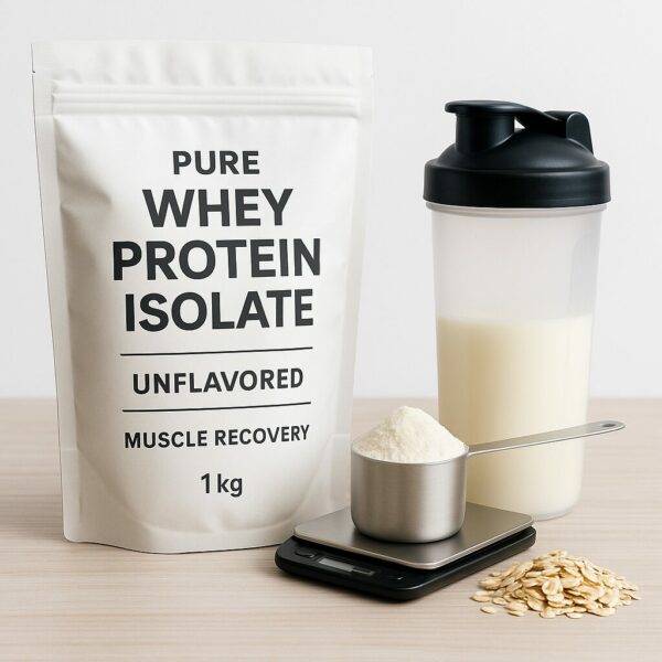 A stand-up white resealable pouch labeled “Pure Whey Protein Isolate – Unflavored – Muscle Recovery – 1kg” sits beside a filled shaker bottle, a measuring scoop of powder on a digital scale, and some rolled oats on a wooden surface.