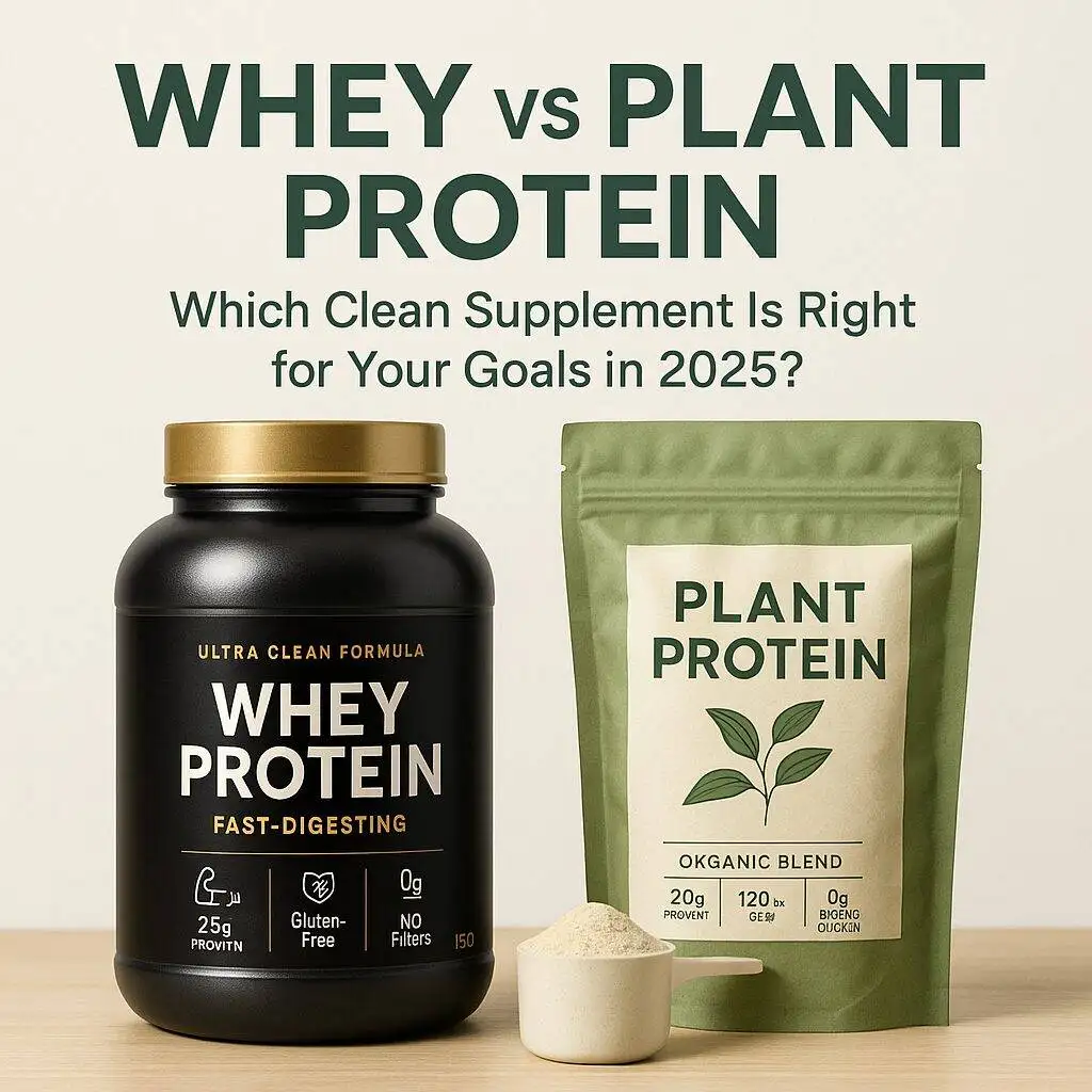 Side-by-side comparison of clean whey protein and plant-based protein supplements with bold title 'Whey vs Plant Protein – Which Clean Supplement Is Right for Your Goals in 2025?' displayed above two modern packages on a wooden surface