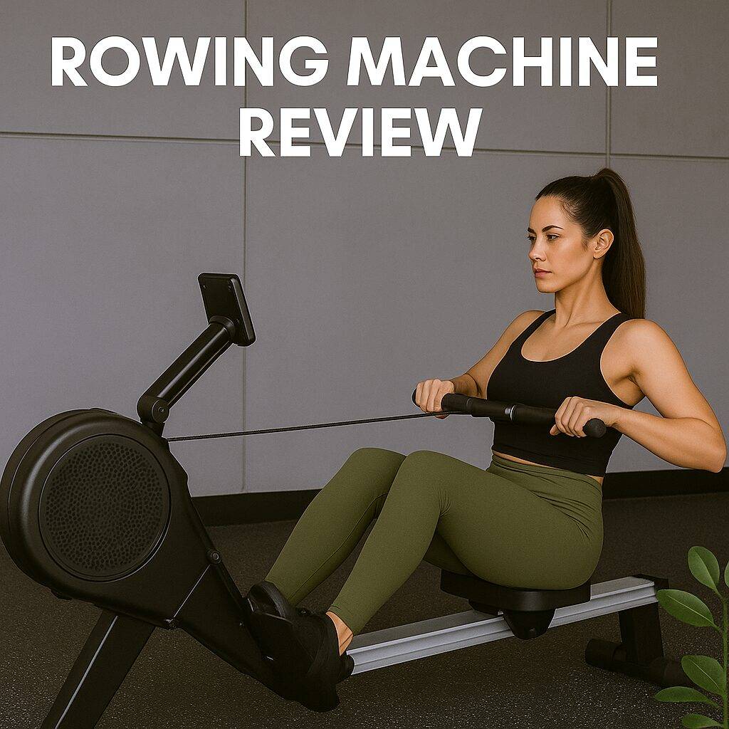 A young woman using an unbranded rowing machine in a cozy home workout space, with added workout gear like a towel, water bottle, and foam roller nearby