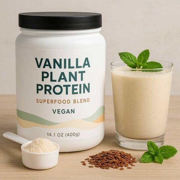 A white container labeled “Vanilla Plant Protein – Superfood Blend – Vegan – 14.1 oz (400g)” sits beside a vanilla smoothie, a scoop of powder, flaxseeds, and mint on a wooden surface.