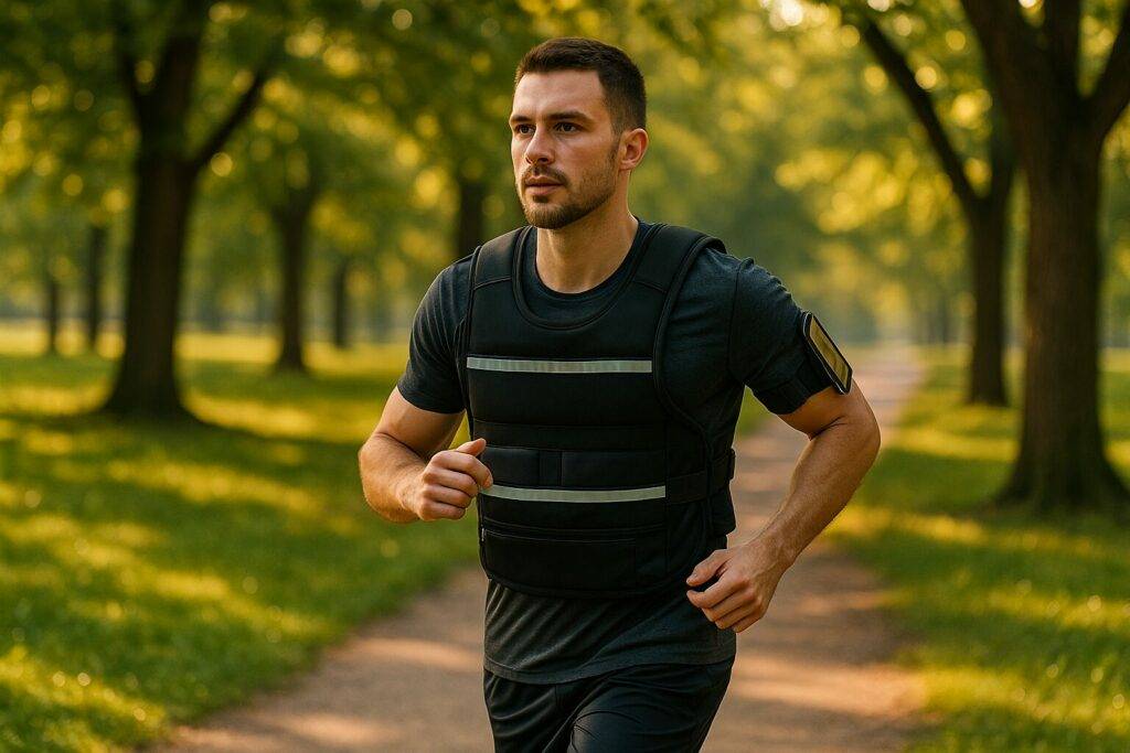 A young man wearing a black weighted vest jogs through a sunlit park in the morning, representing beginner-friendly outdoor resistance training.