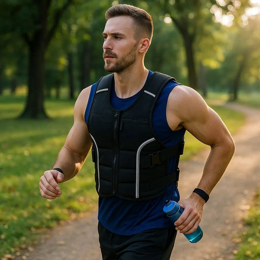 A beginner wearing a black weighted vest runs through a sunlit park in the morning, symbolizing outdoor fitness and resistance training.