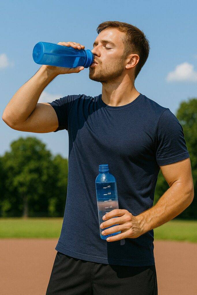 A young athletic man drinking from a marked water bottle during a sunny outdoor workout, with visible hydration tracking lines, demonstrating how much water to drink during summer workouts.