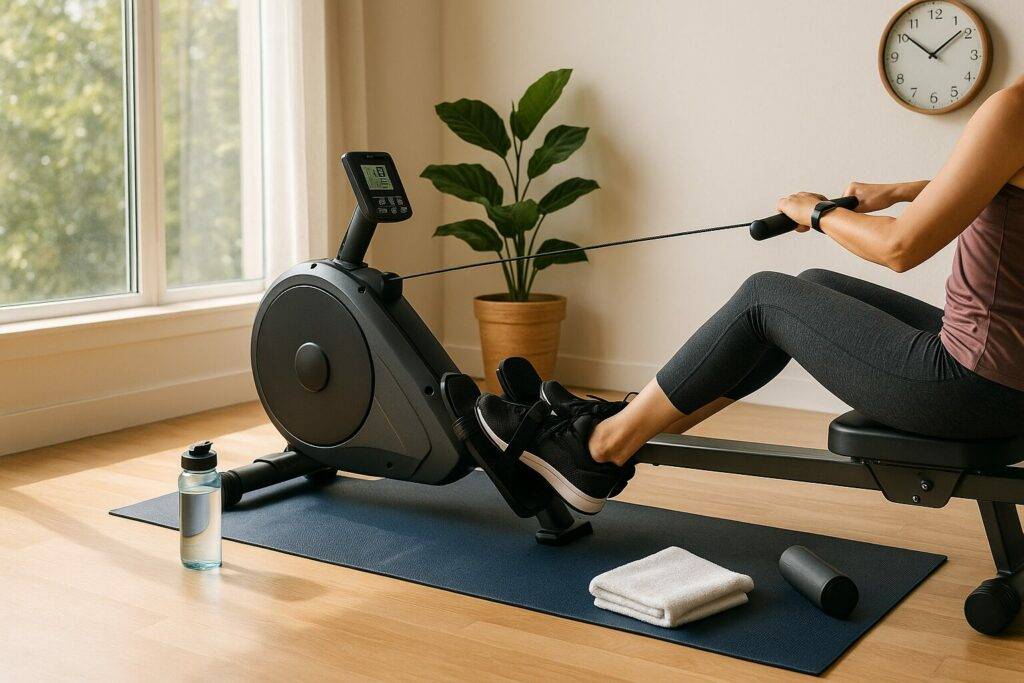 A woman working out on a Yosuda rowing machine in a bright home gym, surrounded by a yoga mat, water bottle, and natural sunlight through a large window