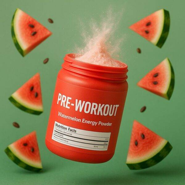 Watermelon pre-workout mix in a red container with floating powder and watermelon slices on a green background, showcasing natural energy and flavor.