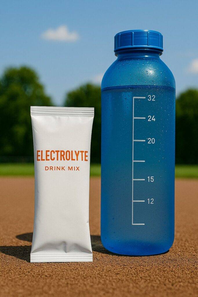 A sachet of electrolyte drink mix placed next to a transparent sports water bottle on a sunlit outdoor bench, highlighting essential supplements for hydration during summer workouts.