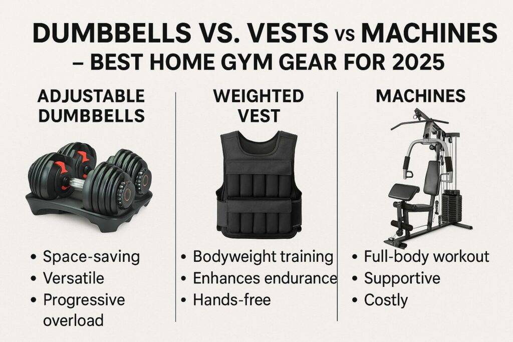 Infographic comparing dumbbells, weighted vests, and home gym machines for 2025 fitness setups, showing pros, cons, space needed, and ideal use cases with icons and side-by-side visuals in a 3:2 layout
