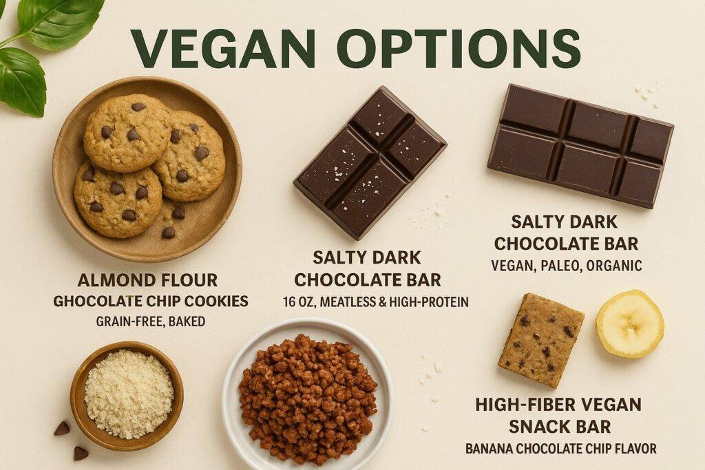 A horizontal flat-lay image showcasing four labeled vegan snacks: almond flour chocolate chip cookies, a salty dark chocolate bar, plant-based ground beef, and a high-fiber banana chocolate chip snack bar. Each item is arranged with decorative accents like fresh basil leaves, almond flour crumbs, banana slices, and sesame seeds on a light beige background. The title "VEGAN OPTIONS" is centered in bold green text above the products.