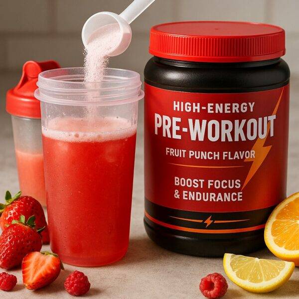 High-energy pre-workout powder container with bold red and yellow label next to a shaker cup filled with red fruit punch drink, surrounded by strawberries, raspberries, orange and lemon slices on a kitchen counter