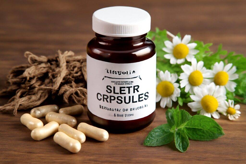 Herbal Magnesium Sleep Capsules bottle surrounded by natural ingredients like valerian root and chamomile, showcasing a relaxing, sleep-promoting atmosphere.
