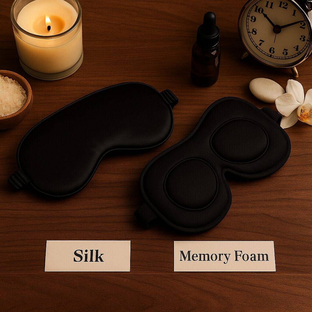 A side-by-side comparison of silk and memory foam sleep masks placed on a wooden surface, both featuring inner eye shields, with spa accessories around them for a luxurious, calming vibe.