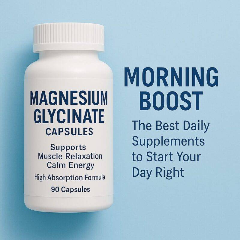 A white bottle labeled Magnesium Glycinate Capsules with text highlighting muscle relaxation and calm energy, placed on a soft blue background with the title 'Morning Boost