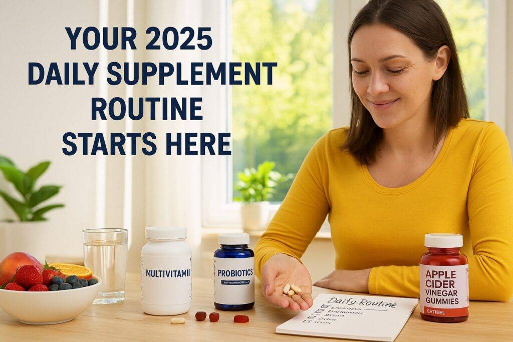 A woman smiles while reviewing her daily supplement routine at a sunlit table, surrounded by multivitamins, probiotics, apple cider vinegar gummies, and a checklist titled “Daily Routine” — with the text “Your 2025 Daily Supplement Routine Starts Here” overlaid on the image.
