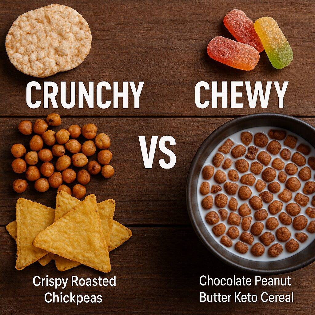A high-resolution square image comparing two snack types. On the left, crunchy healthy snacks like rice cakes, roasted chickpeas, and protein tortilla chips are displayed. On the right, chewy low sugar snacks such as sour gummies and keto cereal in a milk bowl highlight their soft texture.