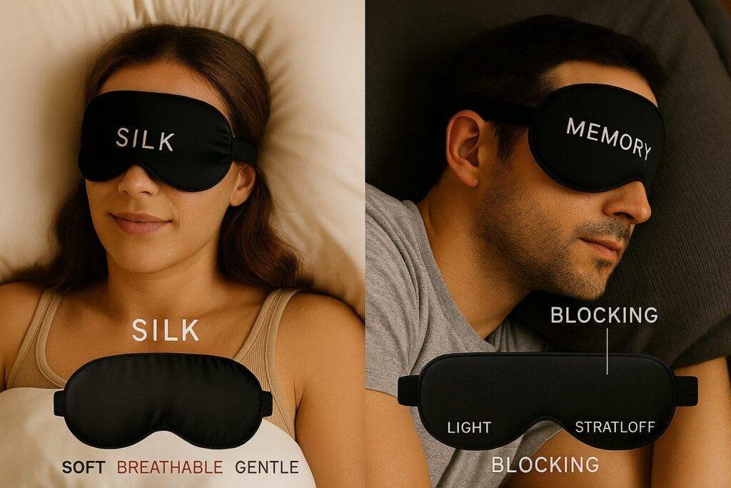 Silk and memory foam sleep masks side by side with matching inner eye shields, surrounded by spa items on wood background.