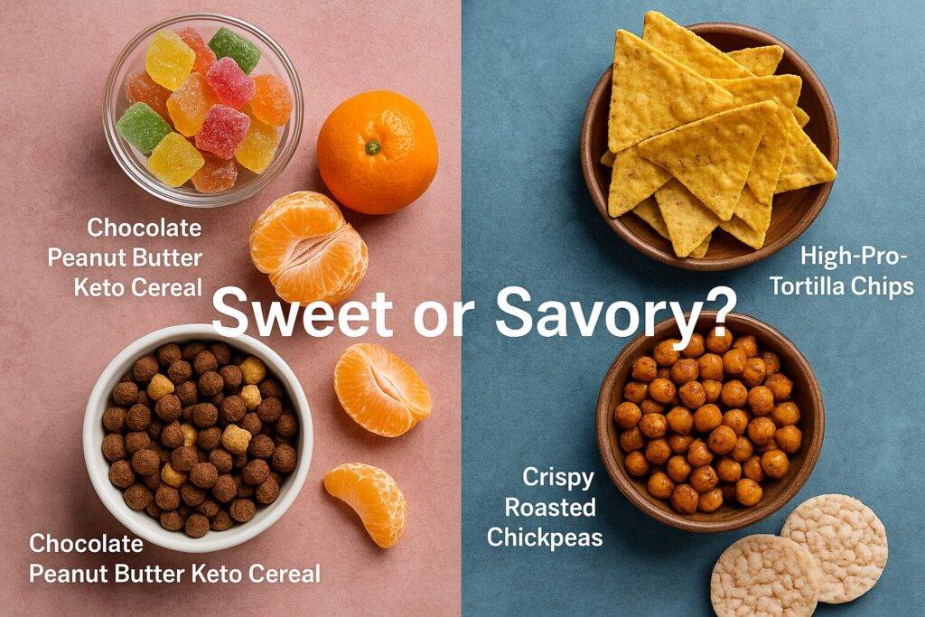 A high-resolution image split into two halves: the left side features sweet snacks including chocolate peanut butter cereal, sour gummies, and fresh mandarins on a light pink background; the right side shows savory snacks like roasted chickpeas, protein tortilla chips, and mini cinnamon rice cakes on a dark blue background. The text overlay reads “Sweet or Savory? Choose Your Snack Style.