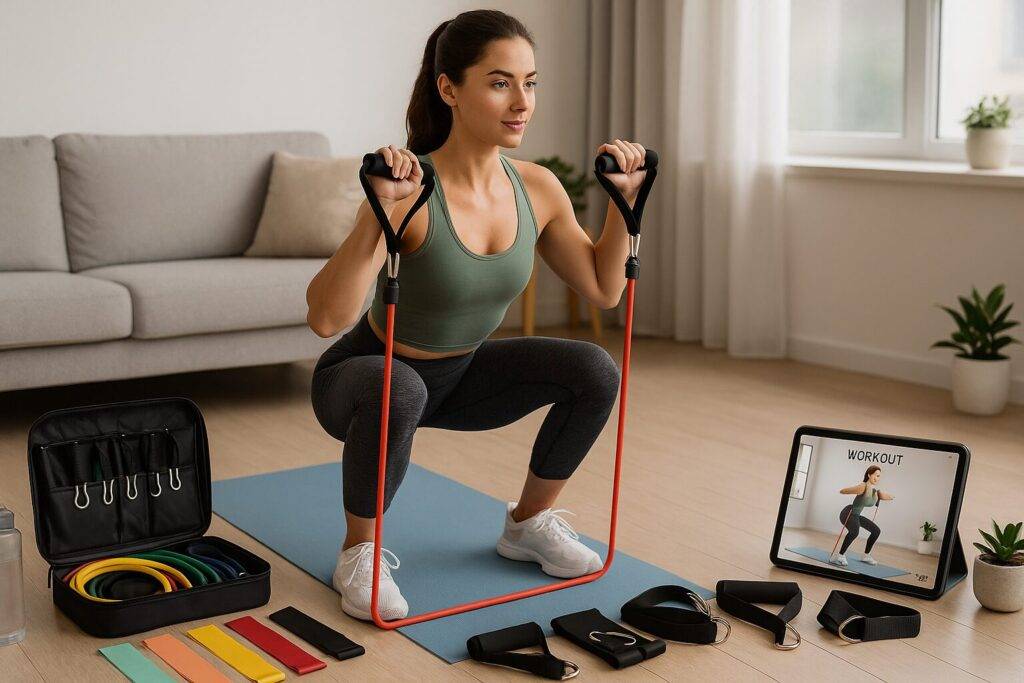 A fit young woman performing a squat using red tube resistance bands on a yoga mat in a bright home workout space. To her left is a neatly organized kit with loop bands, tube bands, and accessories. To her right, a tablet displays a fitness app showing a guided workout. The room features natural light, houseplants, and a cozy, minimalistic setup