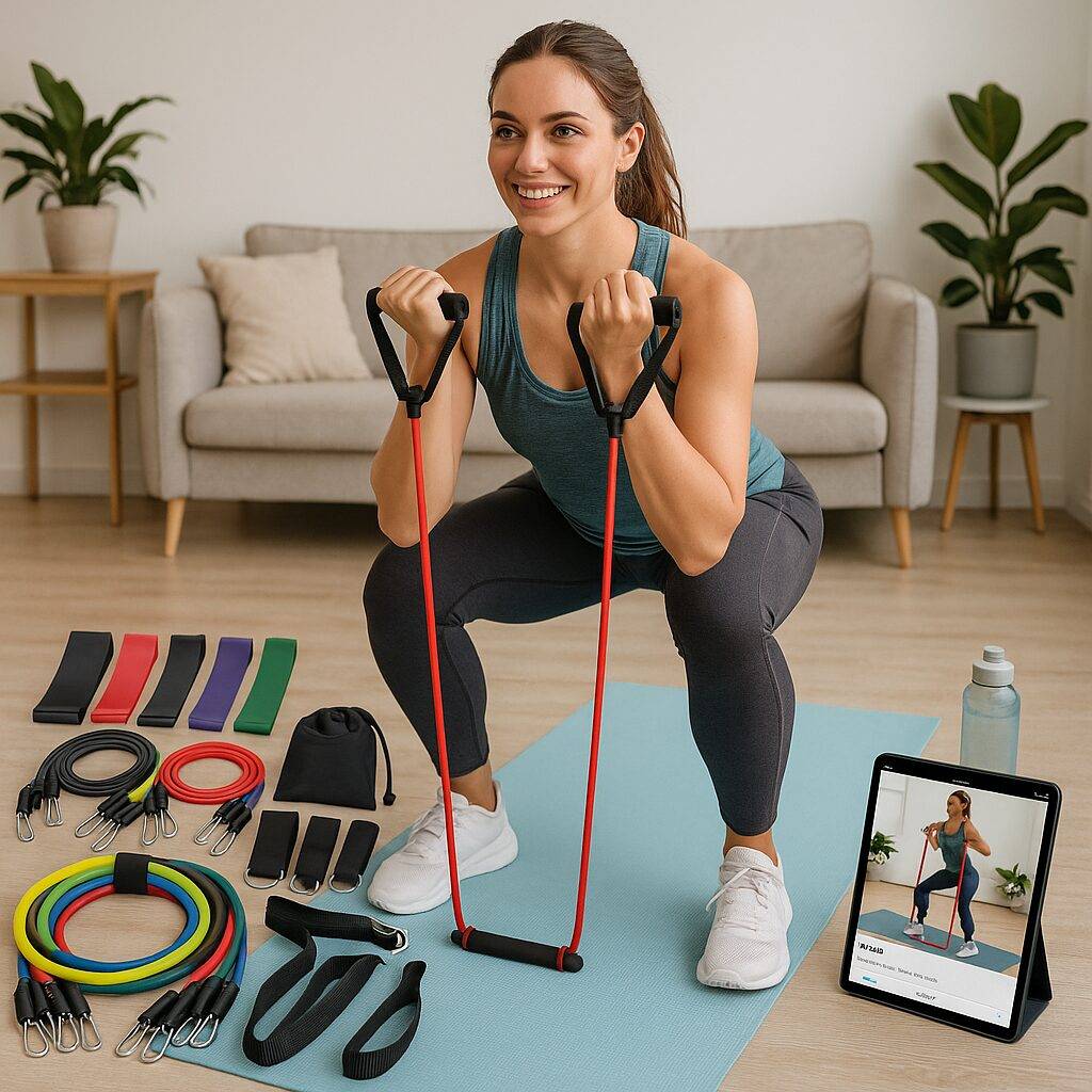 A young fit woman smiling while doing a squat with red resistance tube bands on a yoga mat, surrounded by a complete resistance band set including loop bands, tube bands, ankle straps, and accessories. A tablet on her side shows a fitness app with a trainer performing the same movement in a bright, cozy home settin