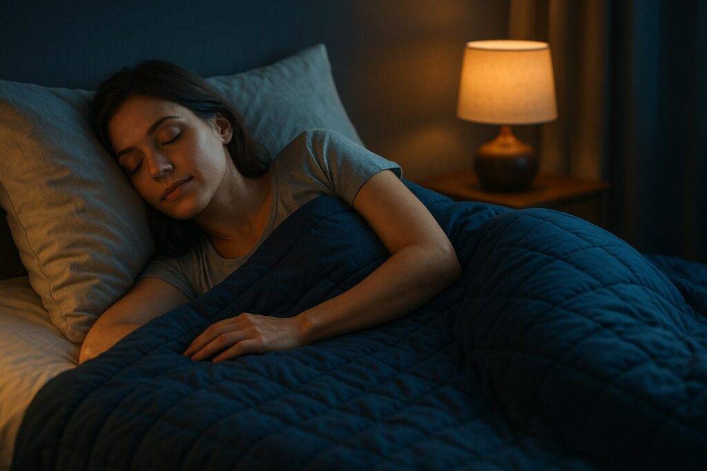 A young woman sleeping peacefully under a navy blue cooling weighted blanket in a cozy, dimly lit bedroom with a bedside lamp glowing softly.