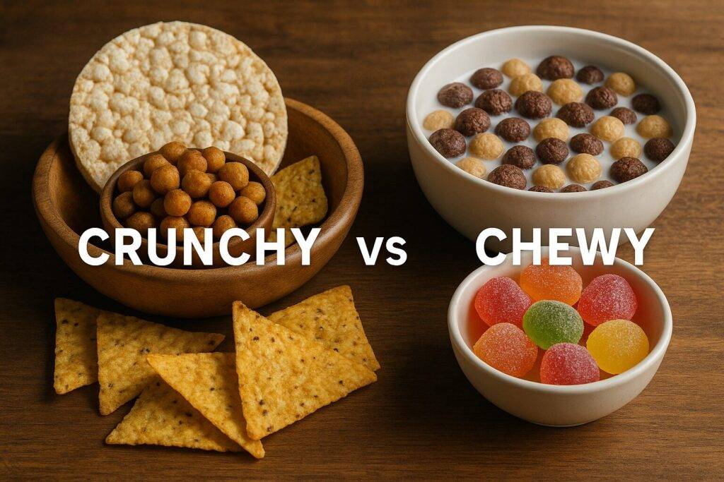 A high-resolution image showing a side-by-side comparison of crunchy healthy snacks and chewy low sugar snacks. The left side displays rice cakes, roasted chickpeas, and protein tortilla chips on a wooden table. The right side features sour gummies and chocolate peanut butter keto cereal in a bowl of milk, highlighting their contrasting textures.