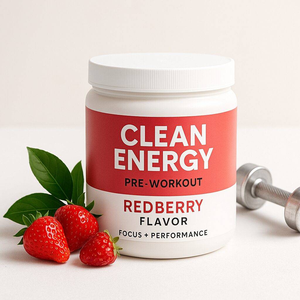 Clean energy pre-workout supplement in a redberry flavor, displayed in a white cylindrical container alongside strawberries, green tea leaves, and a silver dumbbell on a white surface.