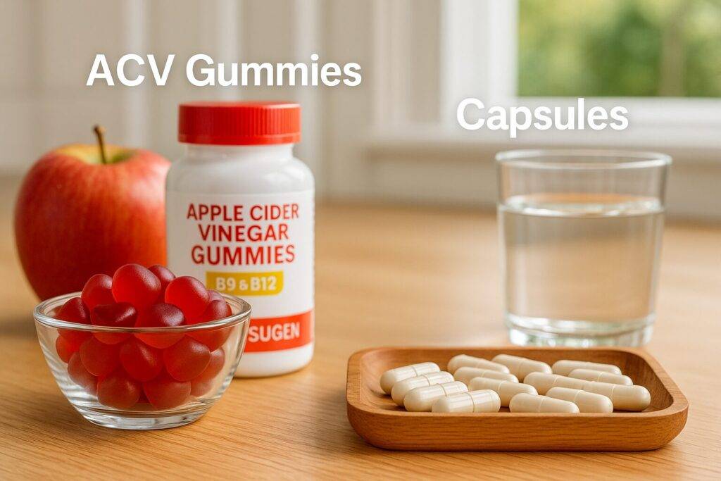 Side-by-side comparison of ACV gummies and capsules on a wooden table, with red apple, supplement bottles, and a glass of water under natural light. Labels show "ACV Gummies" and "Capsules".