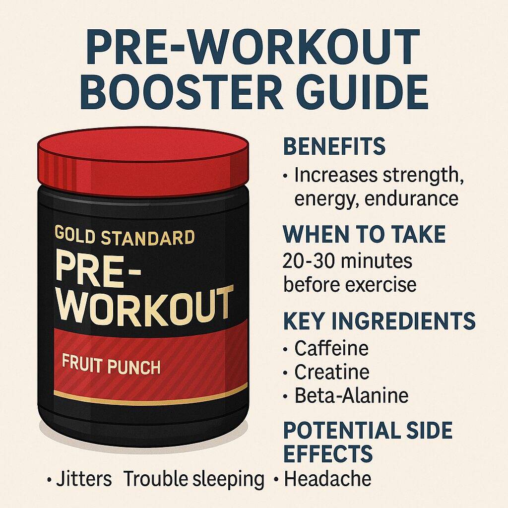 Square infographic of a fruit punch pre-workout supplement showing key benefits, timing, ingredients, and possible side effects.