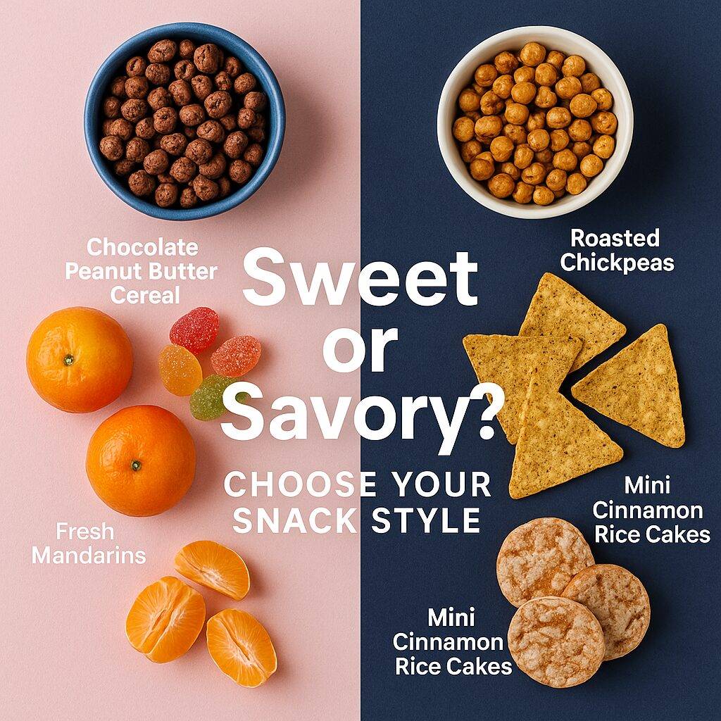 A digital photograph presents an array of sweet and savory snacks arranged in a grid pattern on a neutral background. Sweet items like sour gummies, mandarins, and chocolate peanut butter cereal appear on the left, while savory snacks like roasted chickpeas, protein tortilla chips, and mini rice cakes are displayed on the right. The composition emphasizes balance, variety, and clean eating.