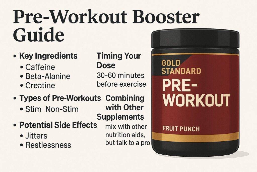Illustrated guide showing a Gold Standard-style pre-workout supplement with tips on ingredients, timing, and possible side effects.