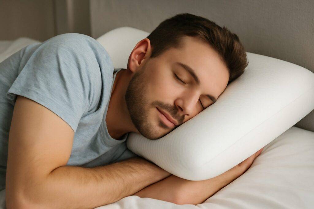 A young woman comfortably sleeping on a memory foam pillow, with the pillow providing neck support and aligning her spine, set in a peaceful and relaxing bedroom environment.