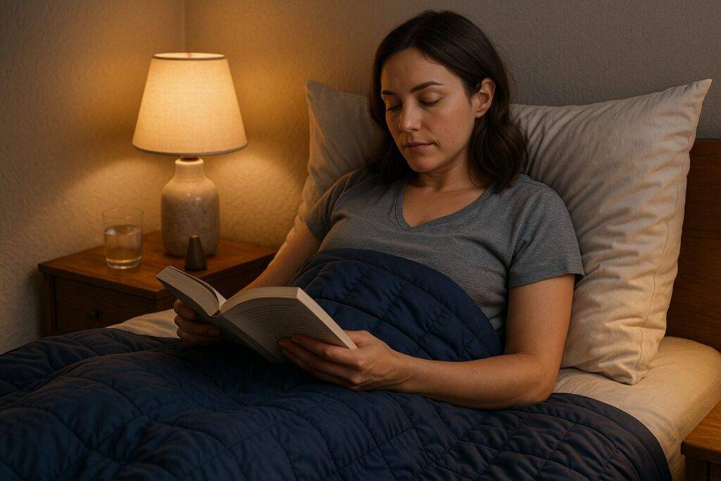 A person reading in bed under a cooling weighted blanket during their calming nighttime routine, with soft lighting and a cozy atmosphere.