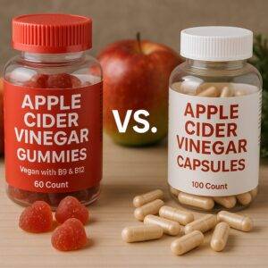 A visual comparison of apple cider vinegar gummies and capsules on a wooden surface, with product bottles, fresh apples, and “VS.” text between them.