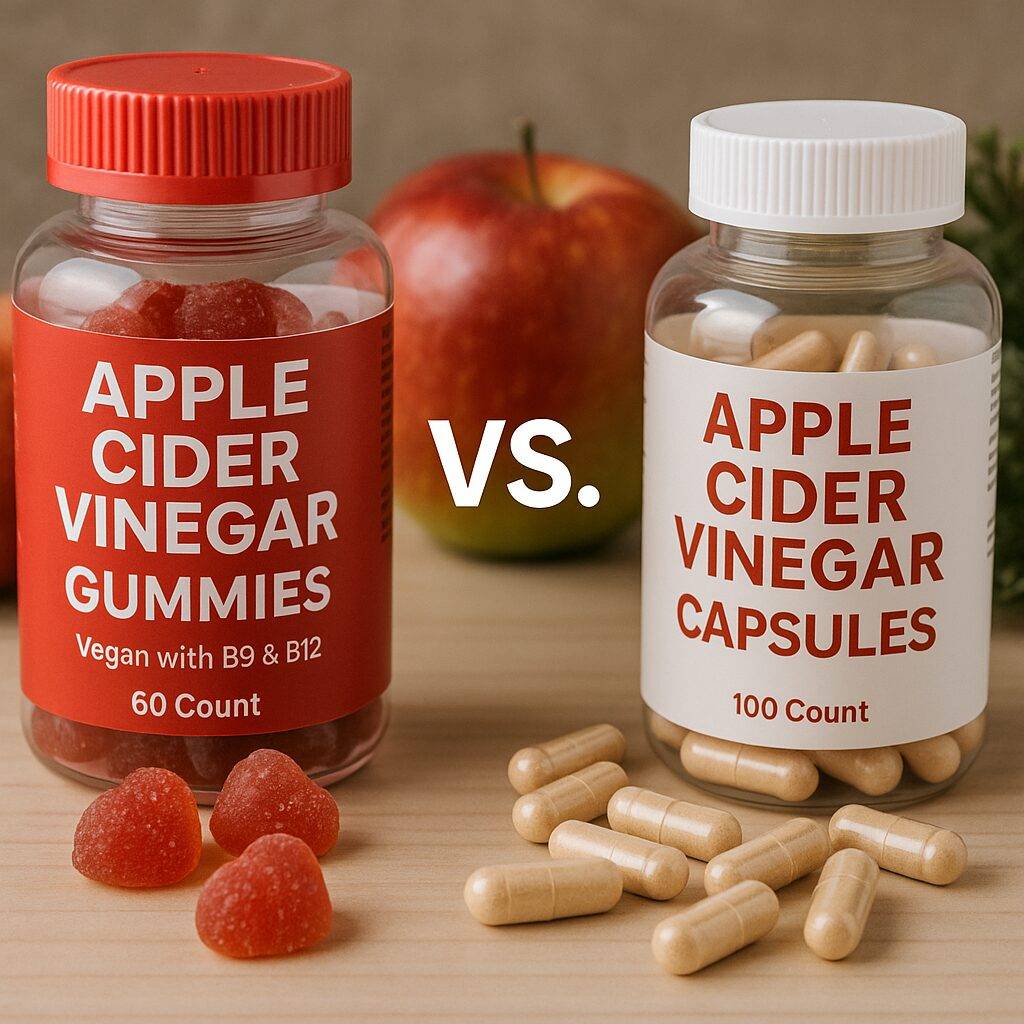 A visual comparison of apple cider vinegar gummies and capsules on a wooden surface, with product bottles, fresh apples, and “VS.” text between them.