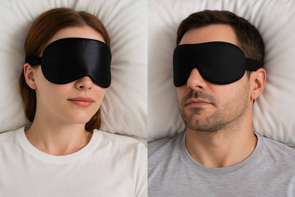 Silk and memory foam sleep masks side by side on a wooden background with spa accessories.