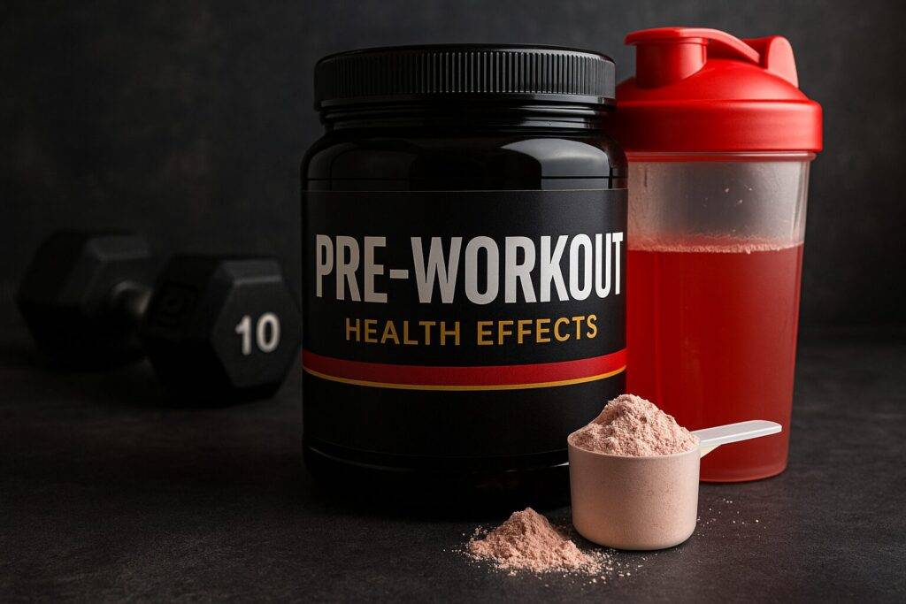 detailed image of a pre-workout supplement container labeled 'Health Effects' with red shaker, powder scoop, and dumbbells in a gym setting