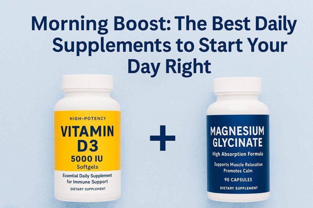 Vitamin D3 and Magnesium Glycinate supplement bottles on a light blue background with text that reads: Morning Boost – The Best Daily Supplements to Start Your Day Right
